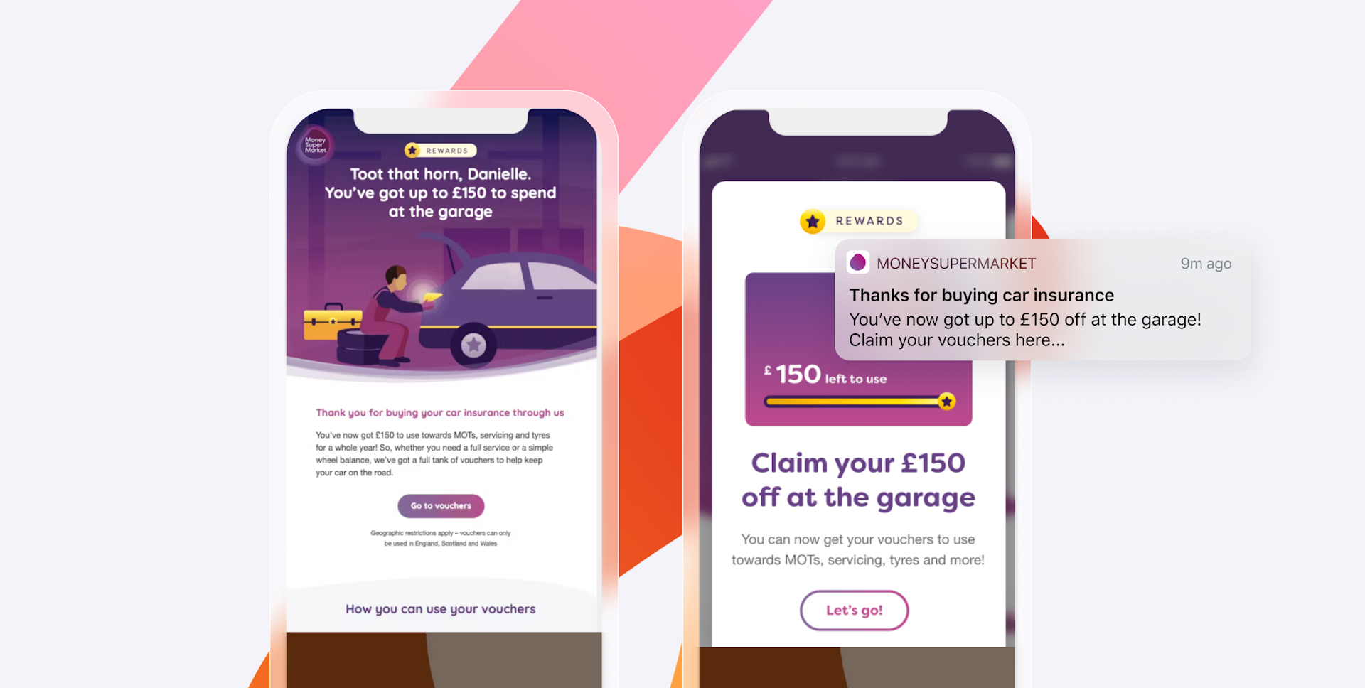 two phone screens showing messages from moneysupermarket
