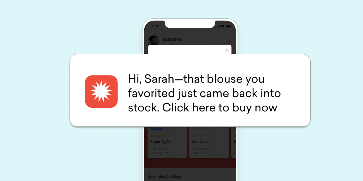 A push notification telling Sarah, the user, that a blouse they favorited is now back in stock