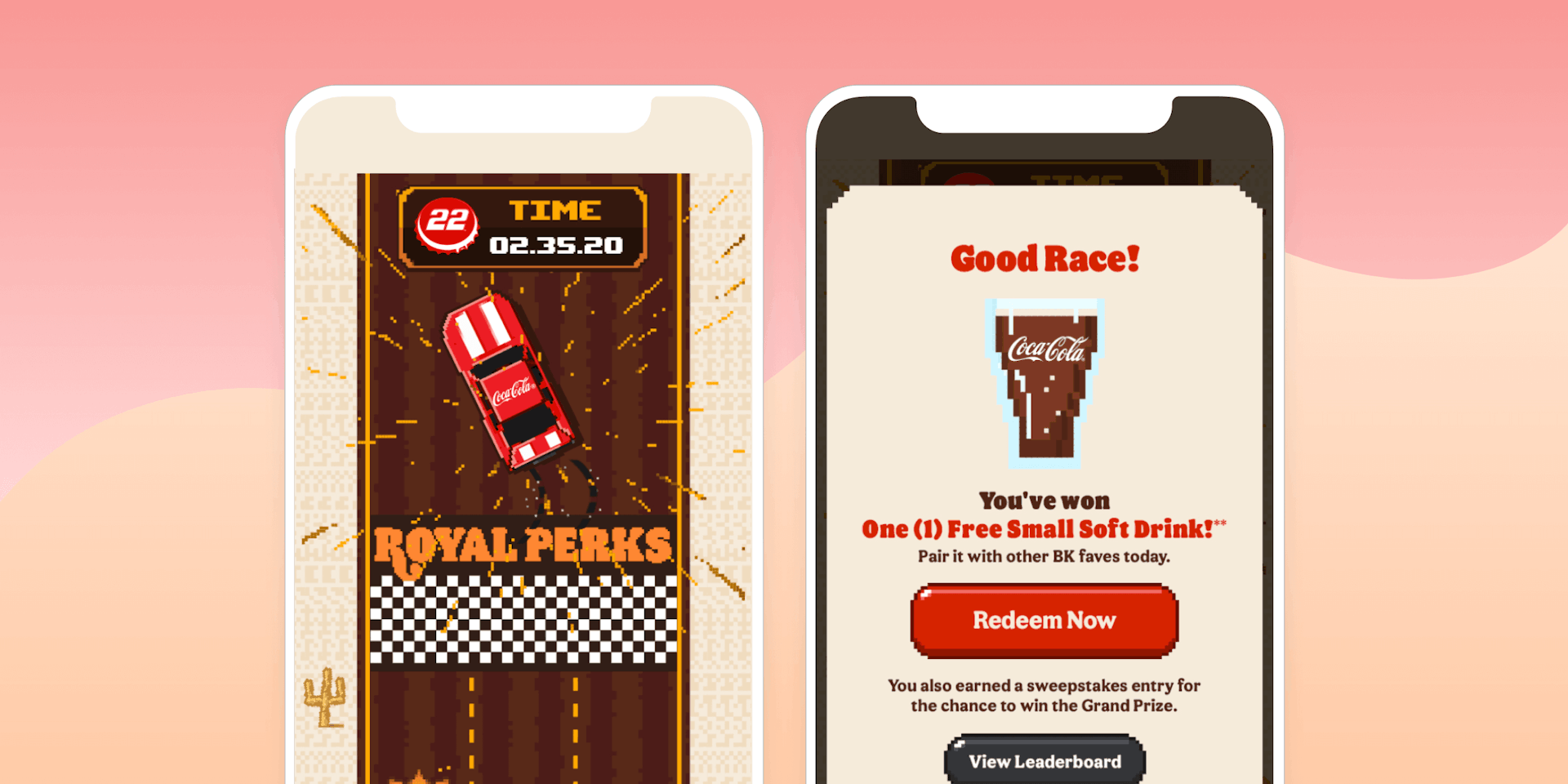 Two phone screens showing a racing game in the Burger King app where users can earn rewards