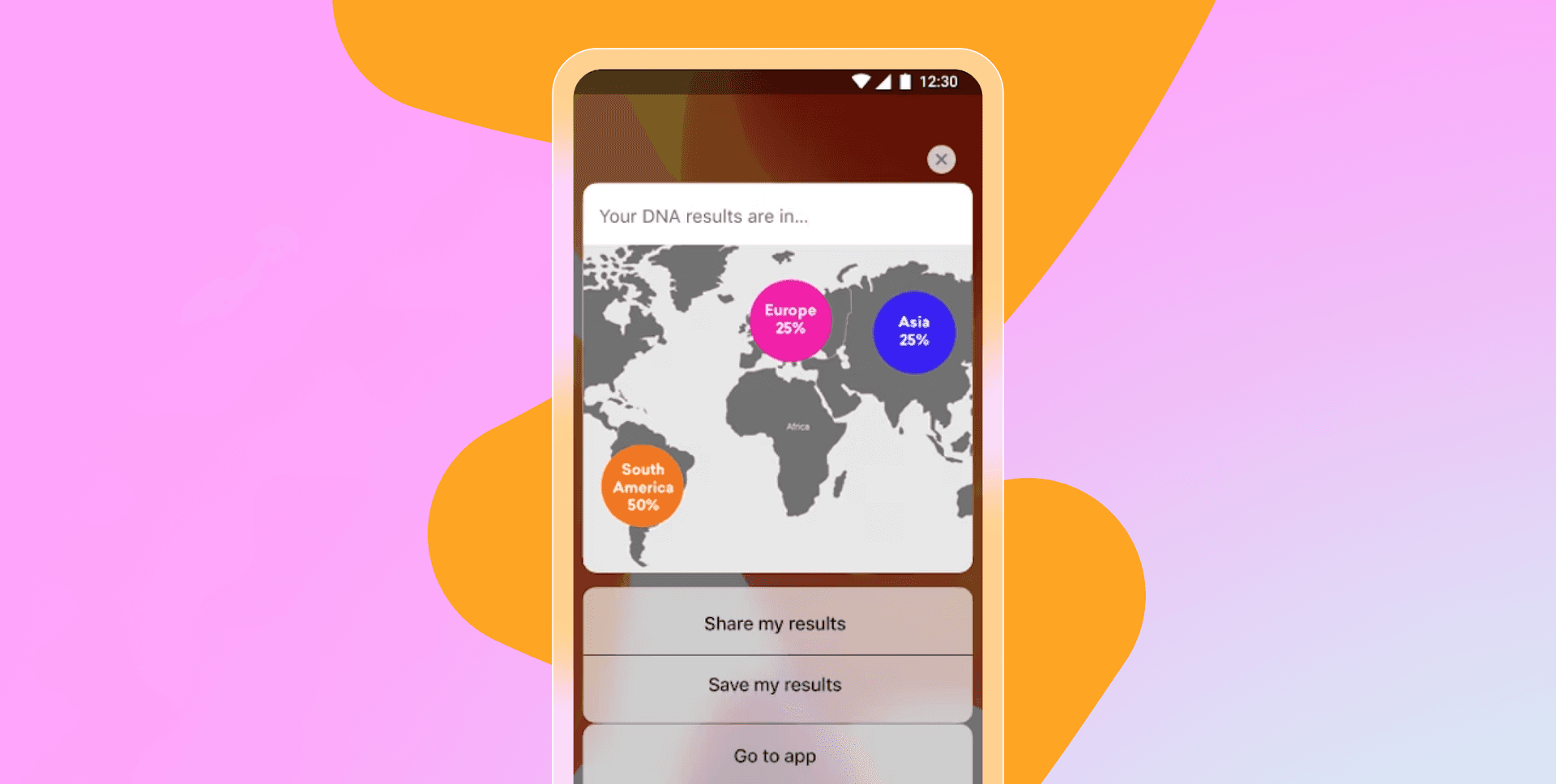 a phone displays a map of the world and says your dna results are in