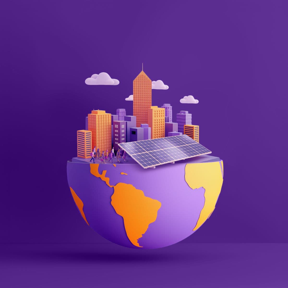 a purple globe with a city and solar panels on it