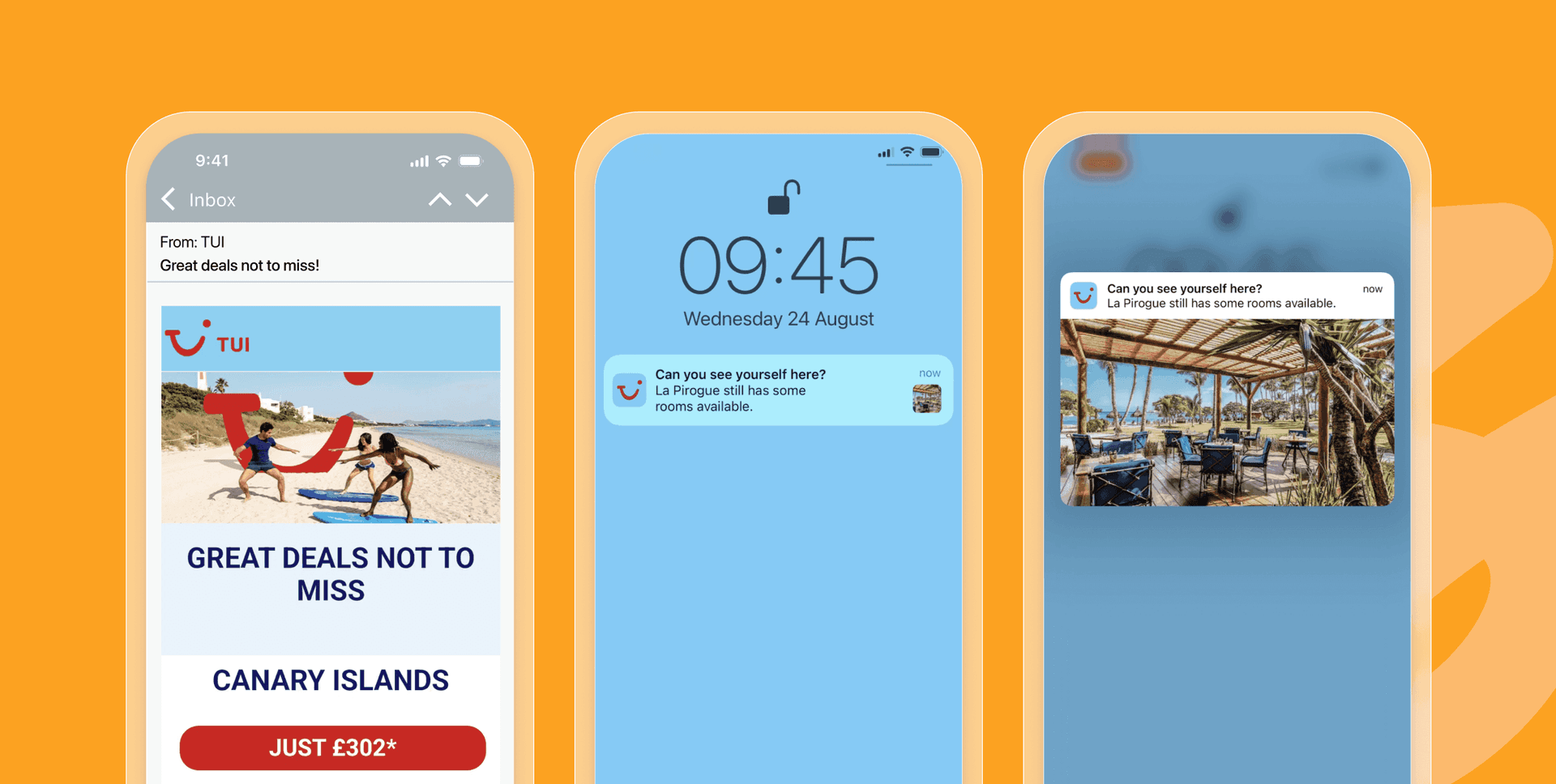 Three phone screens showing messages about travel from TUI