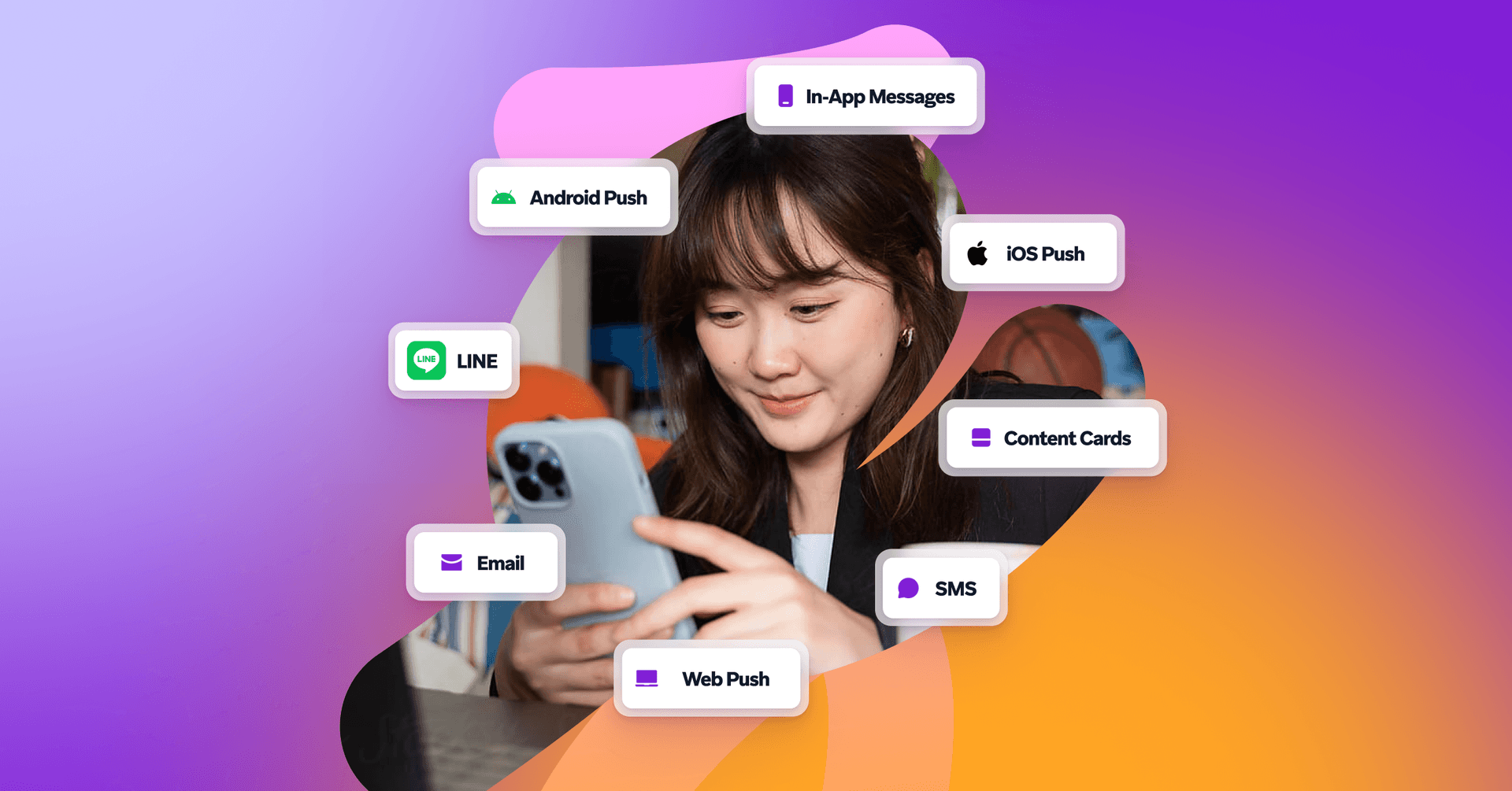 a woman is looking at her phone with icons for in app messages line email sms and web push