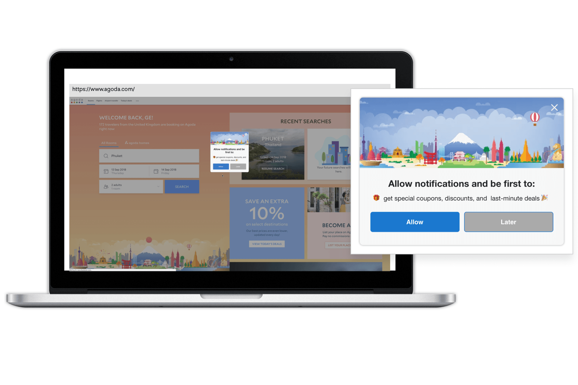 Agoda primes users to say yes to web push with a fun, informative message that explains why you should opt in with clear benefits and an on-brand message.