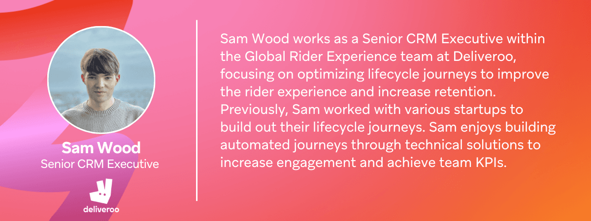 a poster for sam wood senior crm executive at deliveroo