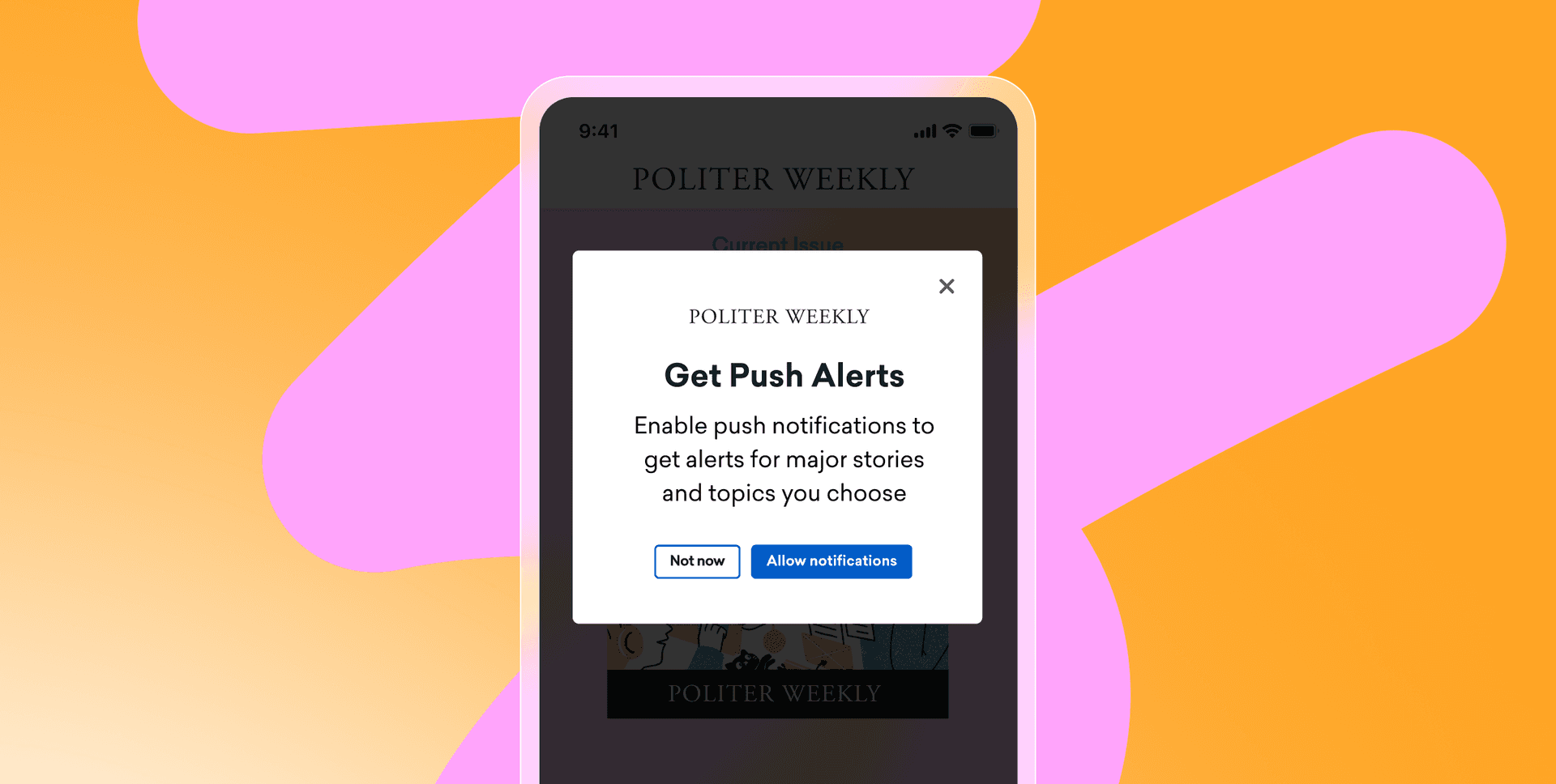 a phone screen displays a popup that says get push alerts