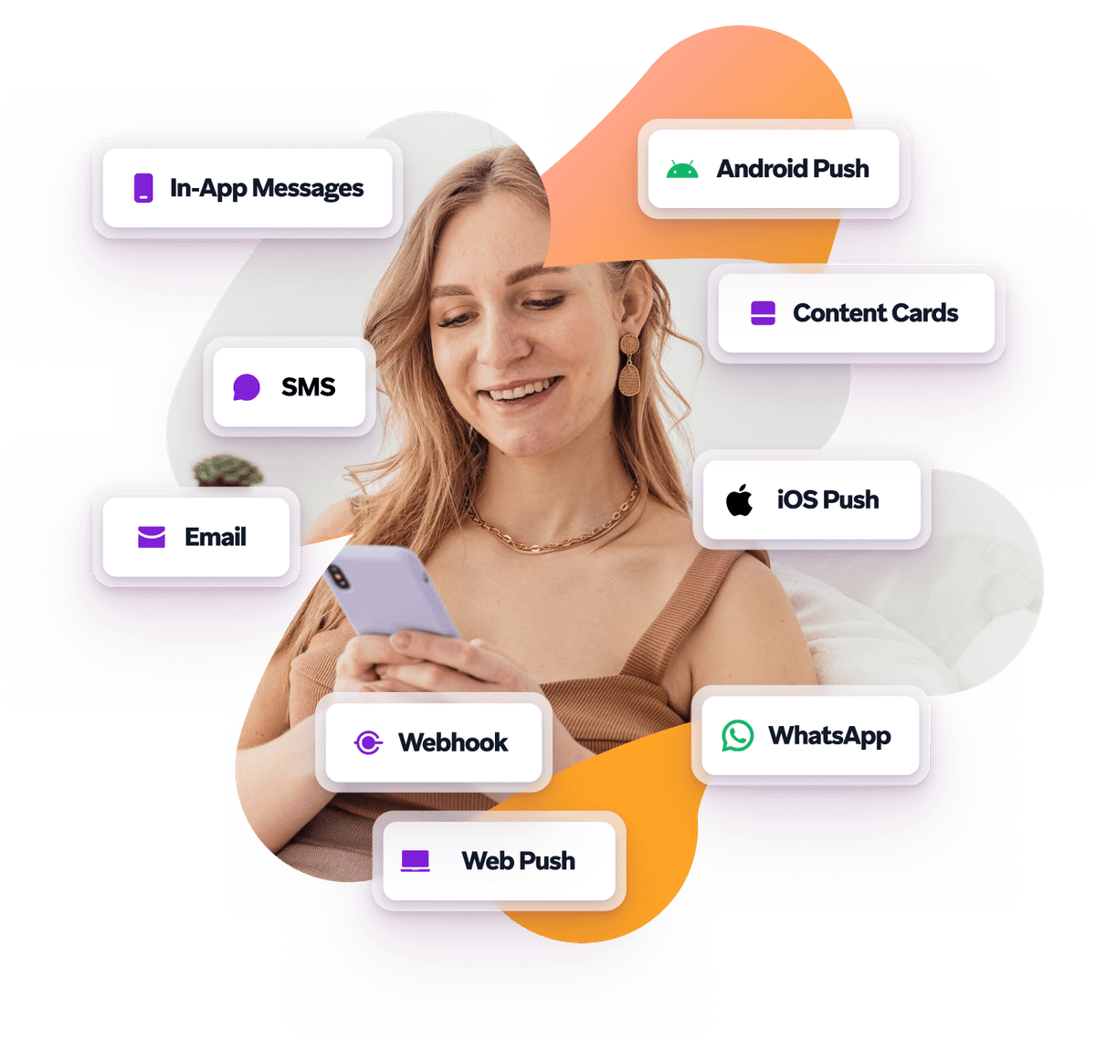 a woman is smiling while looking at her phone with icons around her including sms email webhook and whatsapp