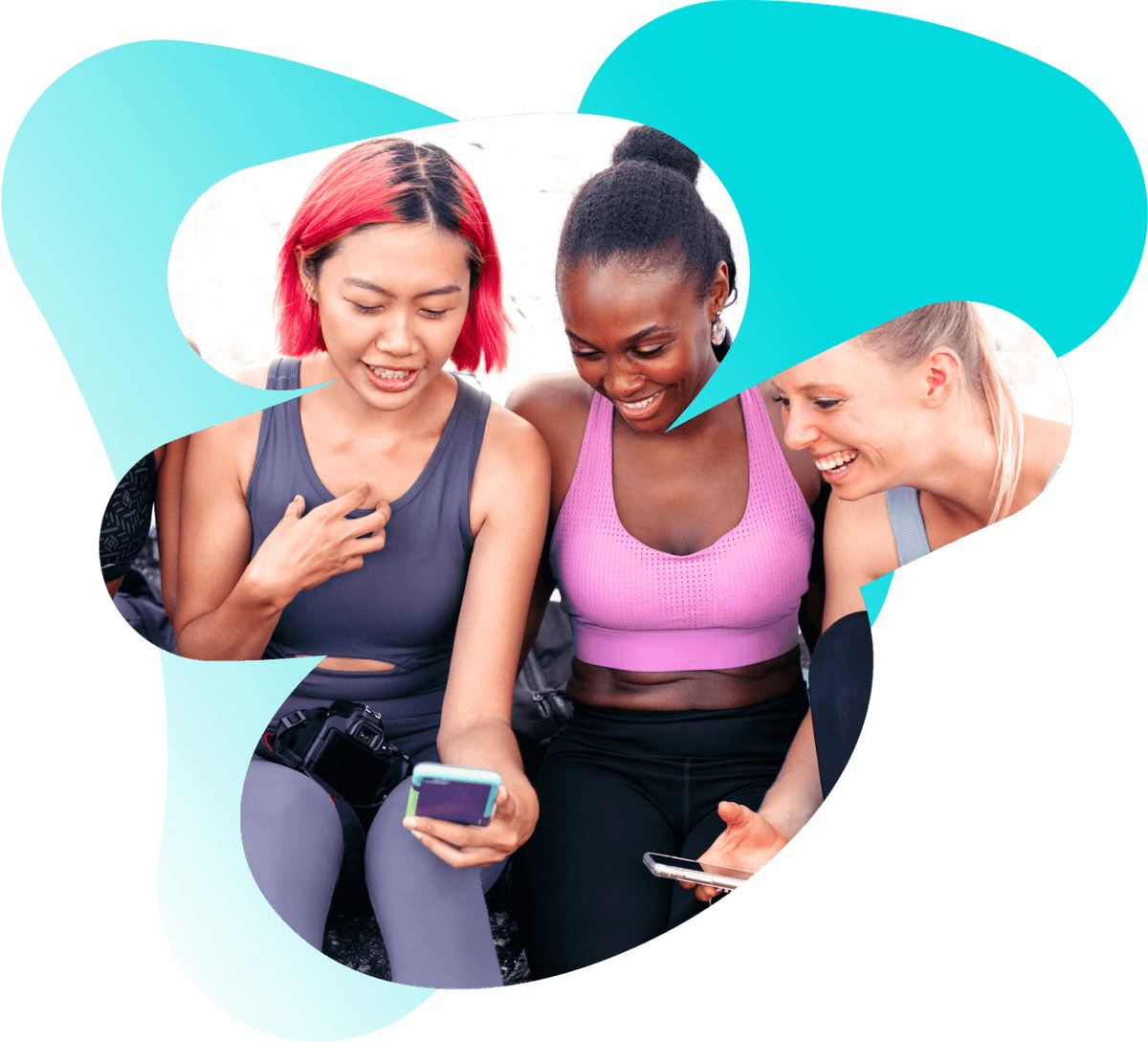 three women are looking at their cell phones and smiling