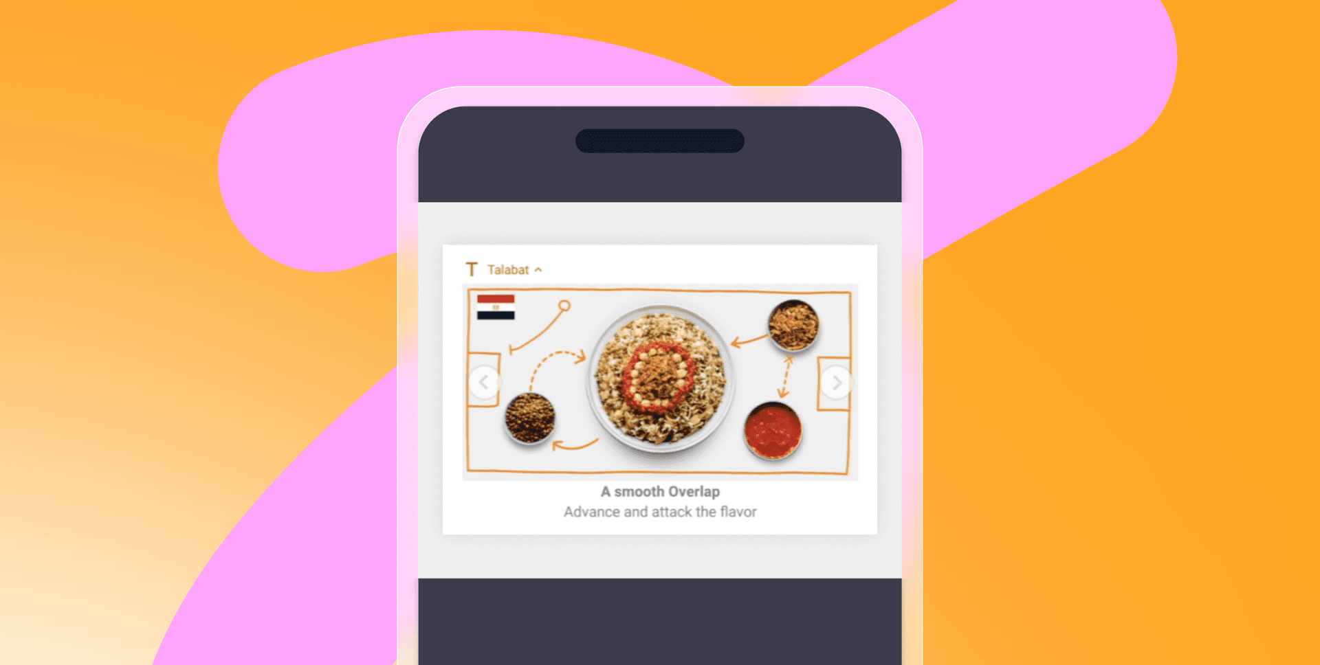 a phone screen shows a picture of food and the words " a smooth overlap advance and attack the flavor "