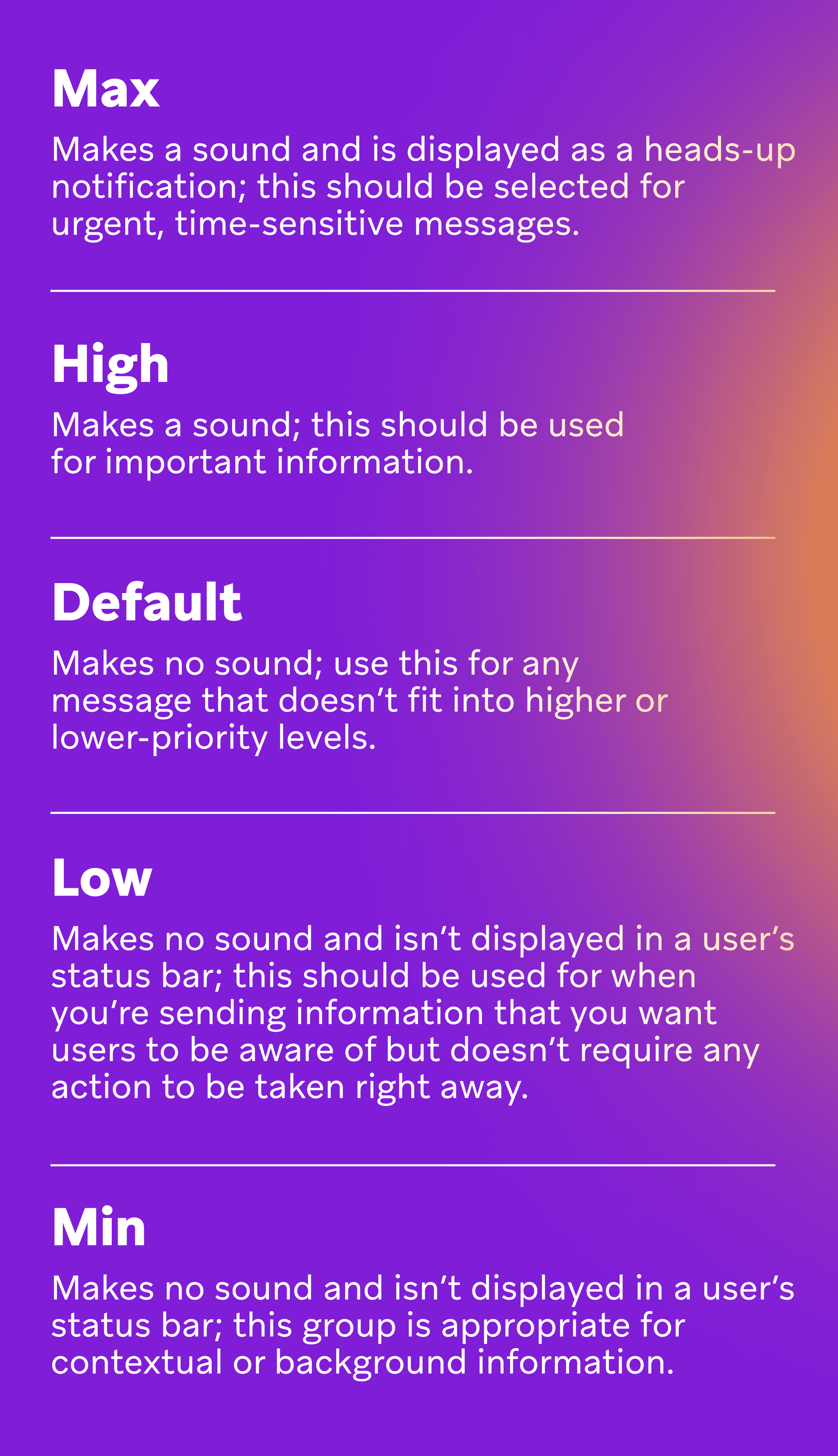 a purple background with white text that says max high default low and min