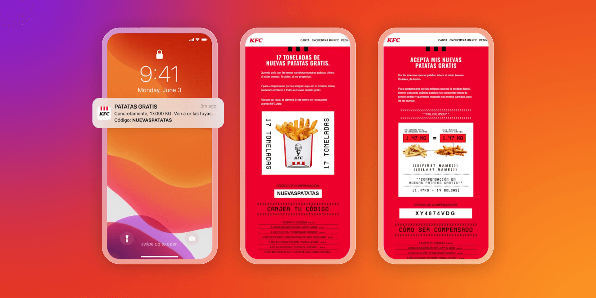 Three smartphone screens display a KFC app promotion for '17 tons of free fries,' shown as a notification and in-app pages.