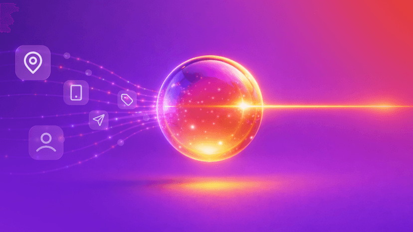 A radiant, colorful sphere with glowing lines connecting to digital icons for location, mobile, and user.