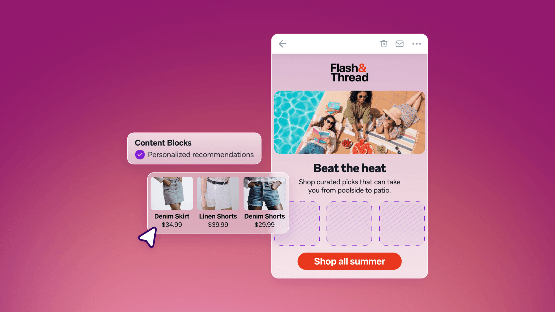 A mouse dragging personalized product recommendations (denim skirt, linen shorts, denim shorts) into a mobile email featuring a summer collection.