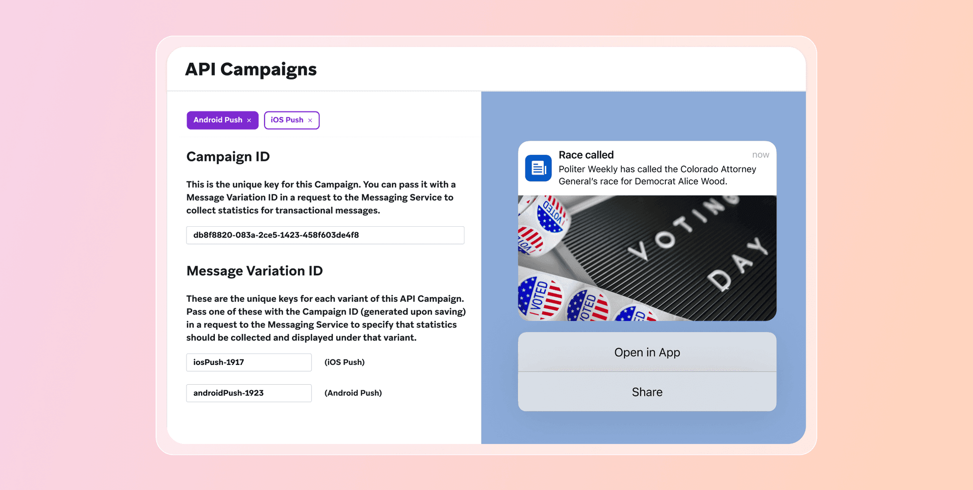 a screenshot of an app called api campaigns