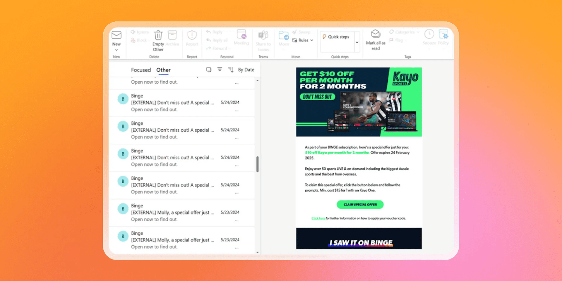 An email client displaying an inbox on the left and an open Kayo Sports promotional email with sports imagery and a discount offer on the right.