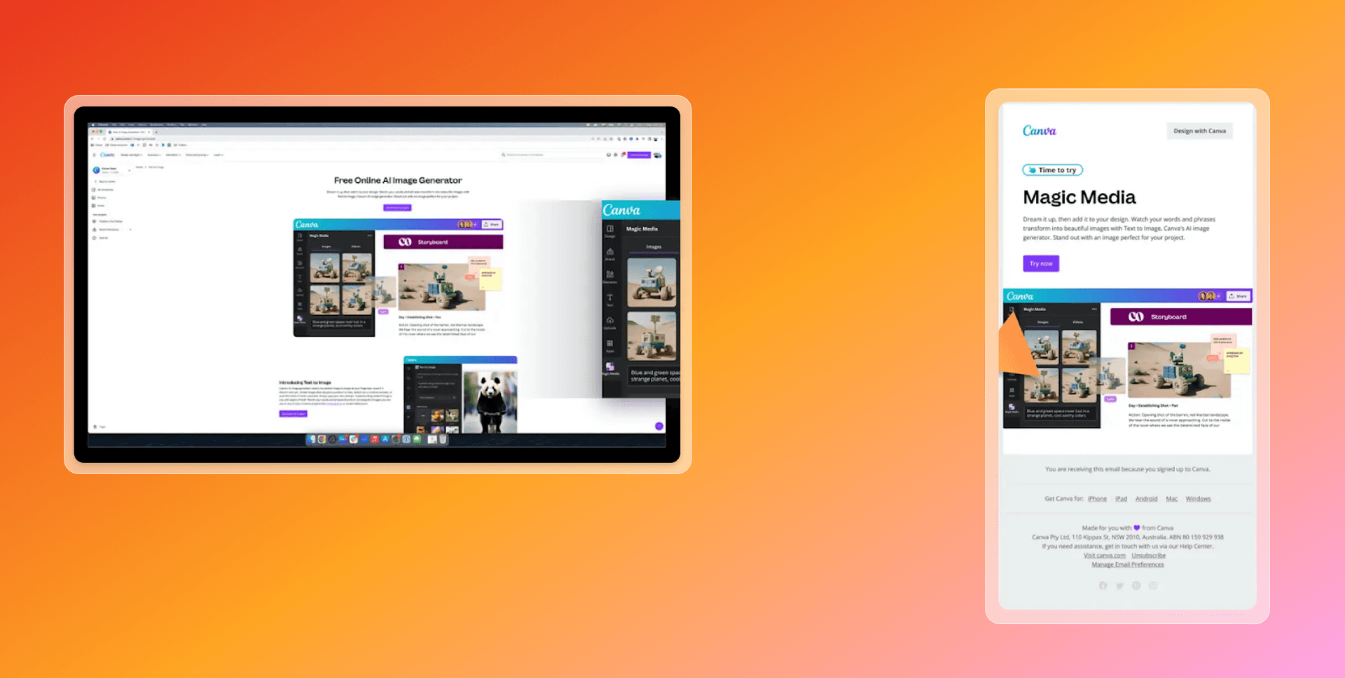 A laptop and a smartphone displaying Canva's AI image generation tools with example AI art.