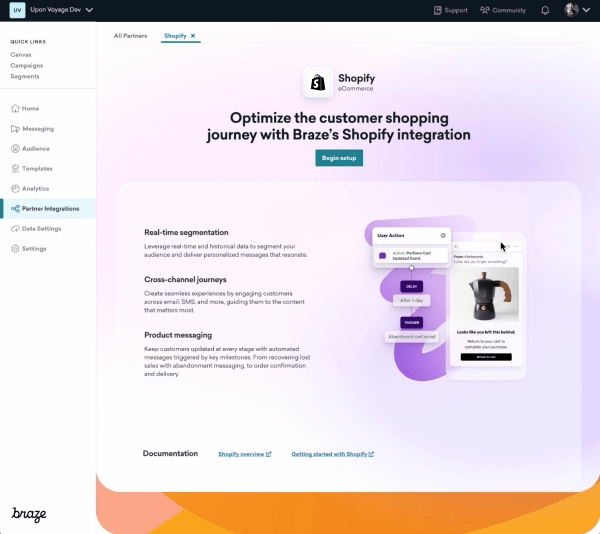 a screenshot of a website that says `` optimize the customer shopping journey with braze 's shopify integration ''