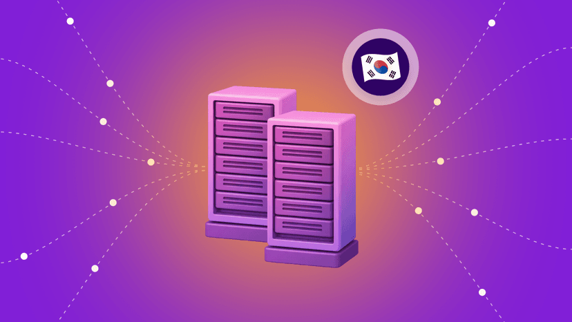 Two purple server racks with data connections and a South Korean flag icon.