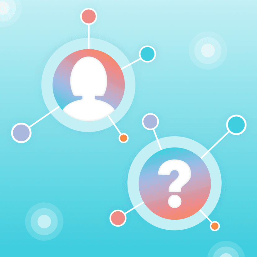Two stylized network nodes: one with a person icon, the other with a question mark.