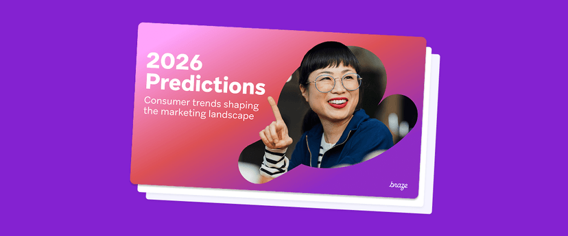 A presentation slide titled "2026 Predictions" featuring a smiling woman pointing upwards.