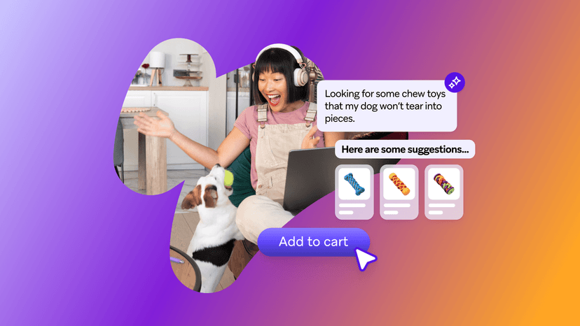 A woman with her dog shops online for durable chew toys, viewing AI suggestions and an 'Add to cart' button.