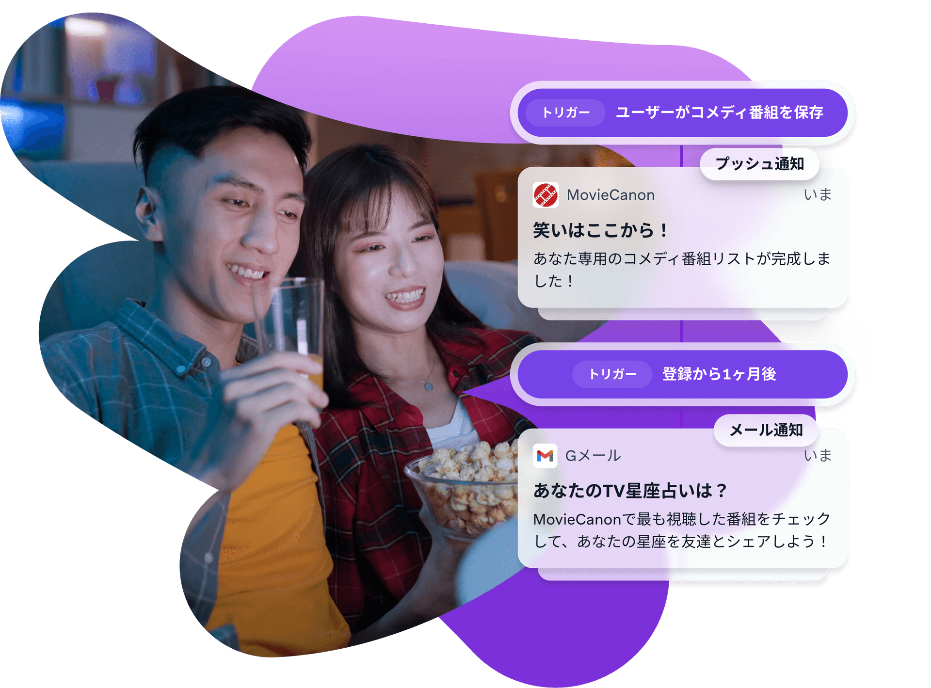 a man and a woman sitting on a couch looking at a screen that says movie canon