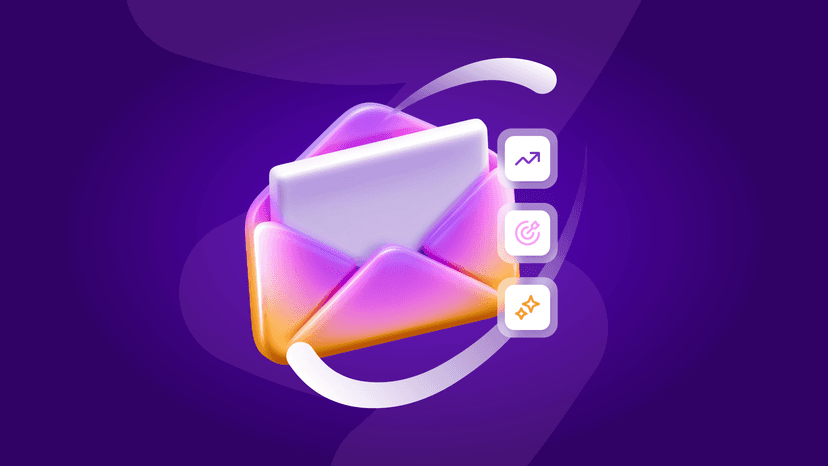 Glossy email envelope with a letter, and icons for growth, target, and sparkle.