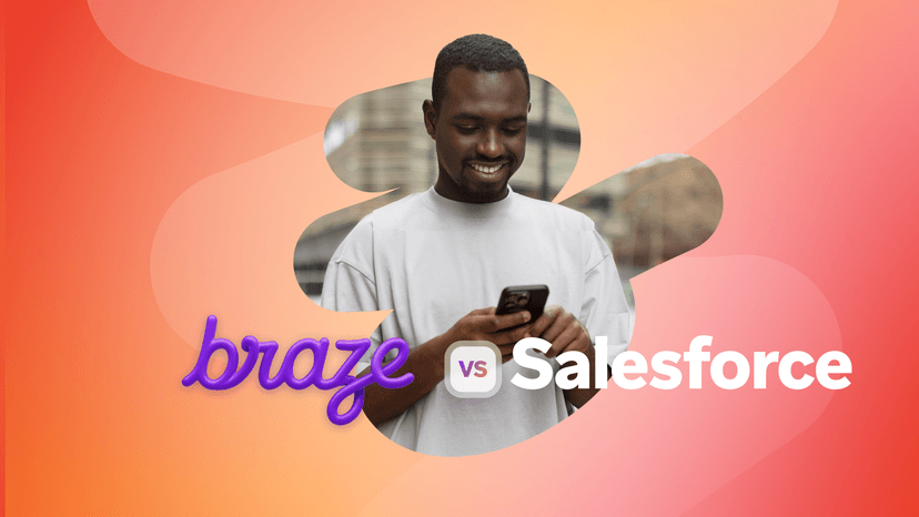 A smiling Black man looks at his phone with "braze vs Salesforce" written over a vibrant orange and pink background.