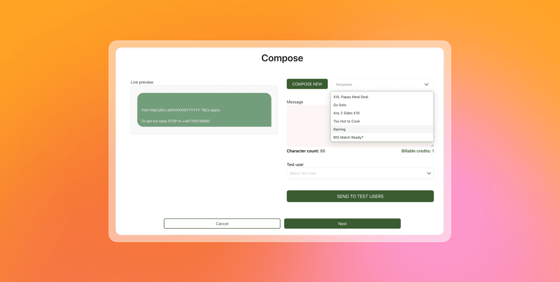 A "Compose" screen displaying message templates, a live preview, and input fields for creating a message or notification.