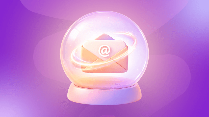 A 3D email icon with an '@' symbol glowing inside a glass sphere on a purple background.