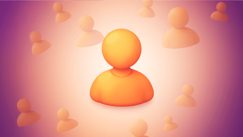 A prominent orange 3D person icon surrounded by smaller, faded person icons on a glowing purple and orange background.