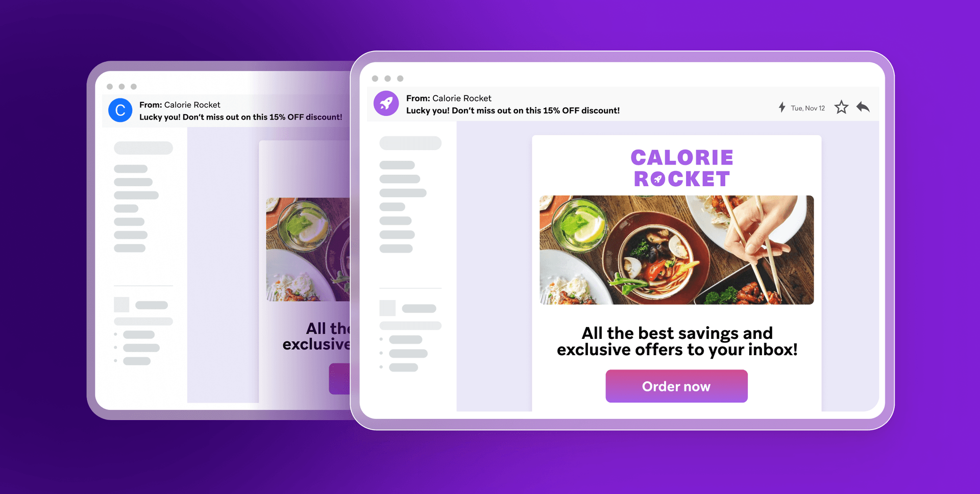 a calorie rocket email is displayed on a tablet