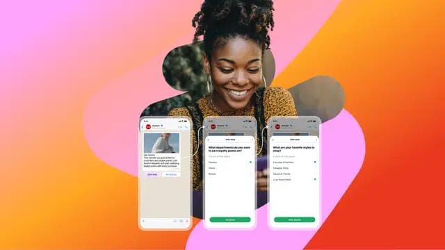 Três telas de smartphones exibem um aplicativo para compras personalizadas e programas de fidelidade, apresentando mensagens de bate-papo e pesquisas de preferências, sobrepostas à imagem de uma mulher negra sorridente.