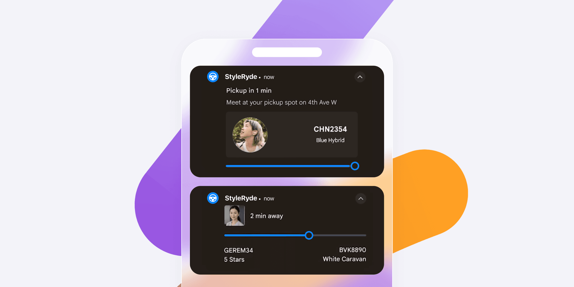 a phone screen shows a pickup in 1 min