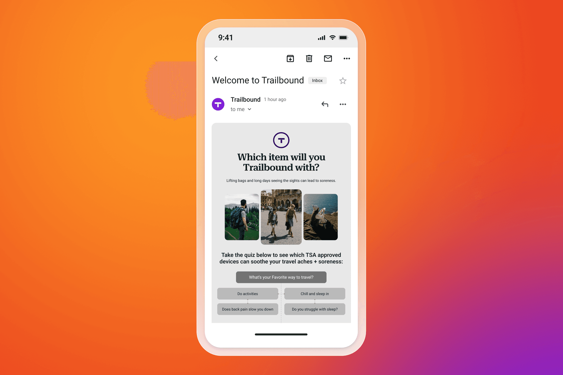 A smartphone displaying a 'Trailbound' email with a travel quiz and related images.