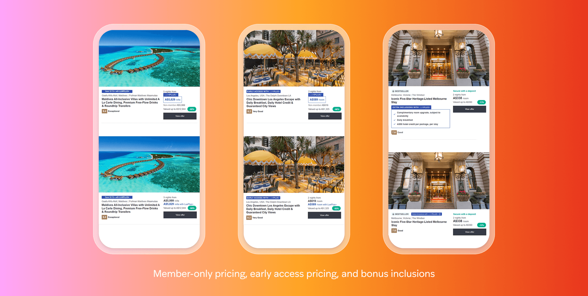 three cell phones showing different vacation packages with the words member only pricing early access pricing and bonus inclusions