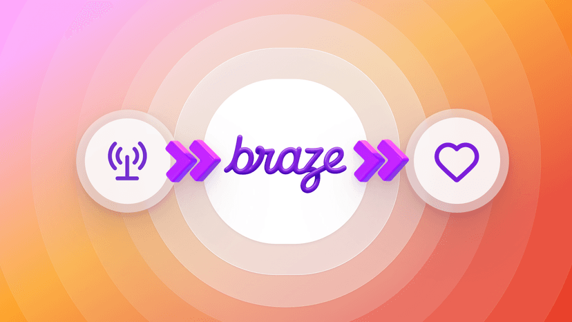 The word "braze" between an antenna icon and a heart icon, connected by purple arrows, on a colorful radial gradient background.