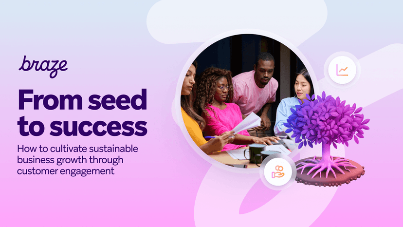 Braze graphic titled 'From seed to success,' featuring a diverse team collaborating and a stylized purple growth tree.