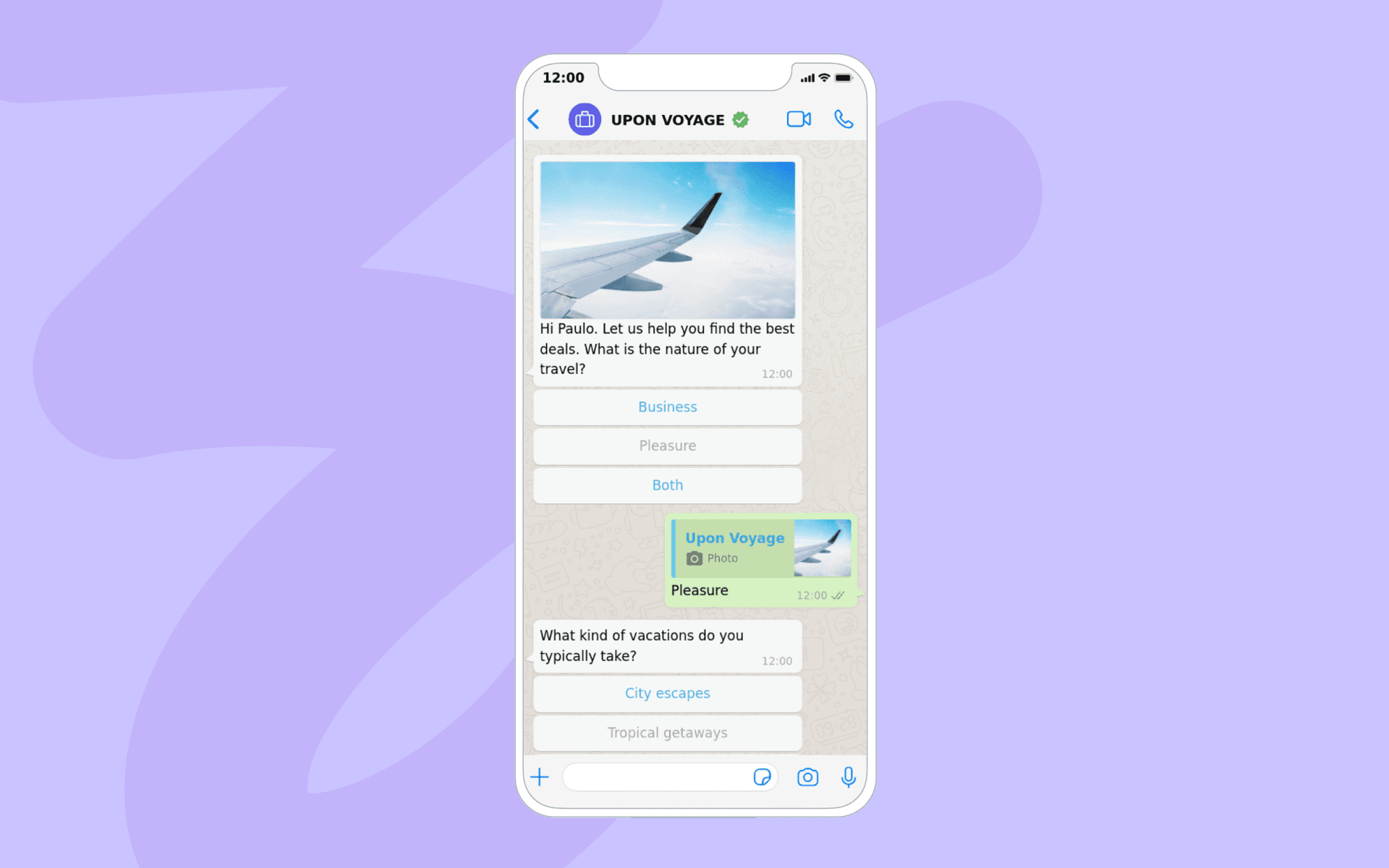 With WhatsApp, you can use rich capabilities like quick reply buttons to have a two-way conversation with your users.