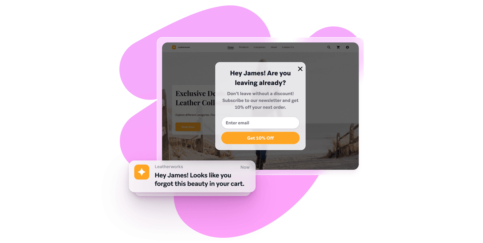 An e-commerce website showing a personalized exit-intent pop-up with a discount offer and a cart abandonment notification.