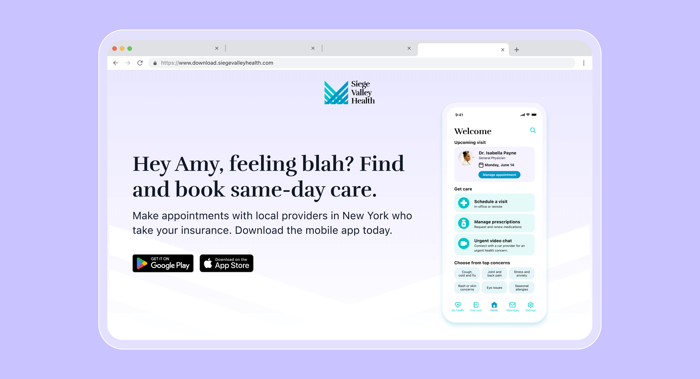 Siege Valley Health website and mobile app promoting same-day care appointments and app downloads.