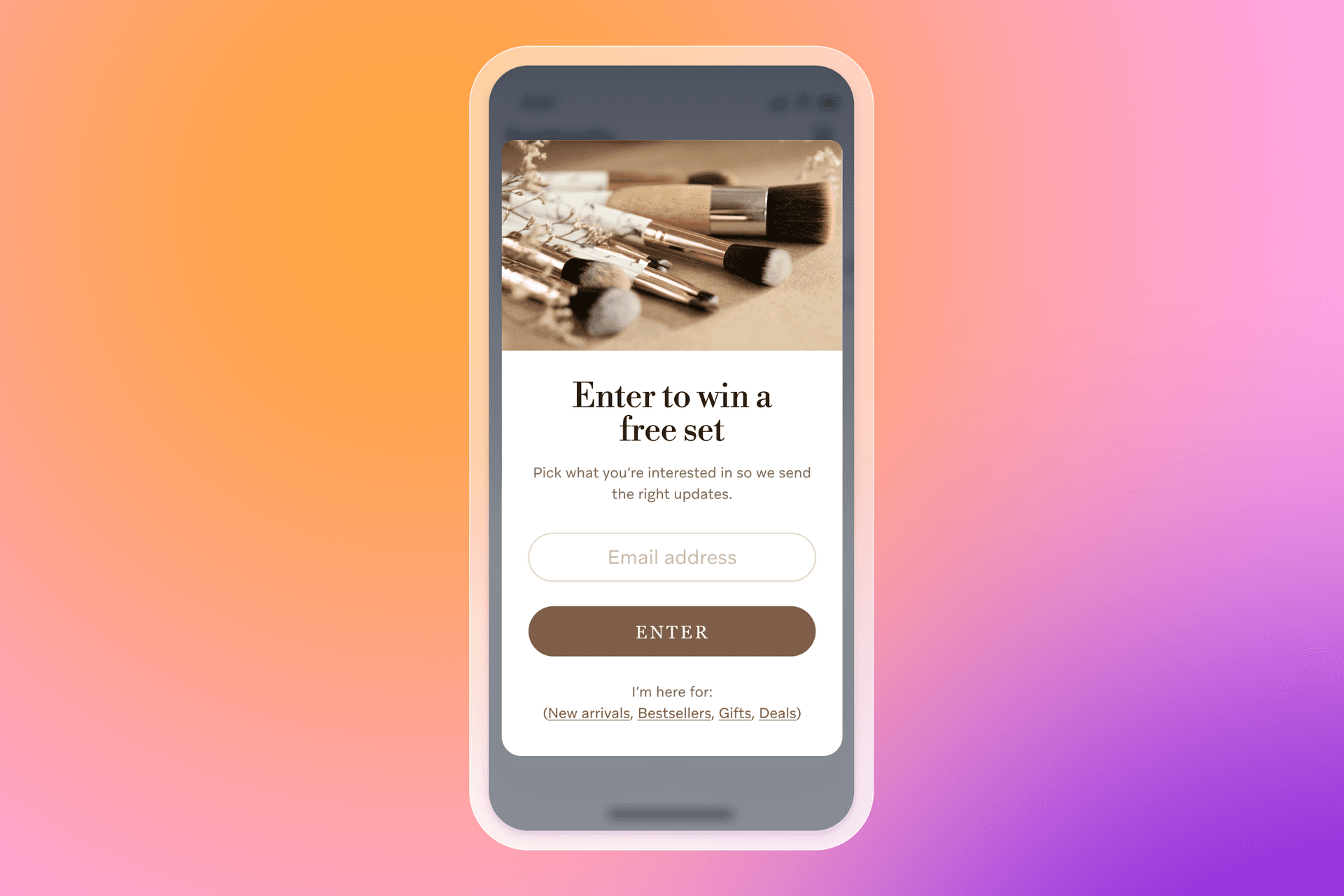 A smartphone showing a "win a free set" pop-up with an image of makeup brushes and an email entry form.
