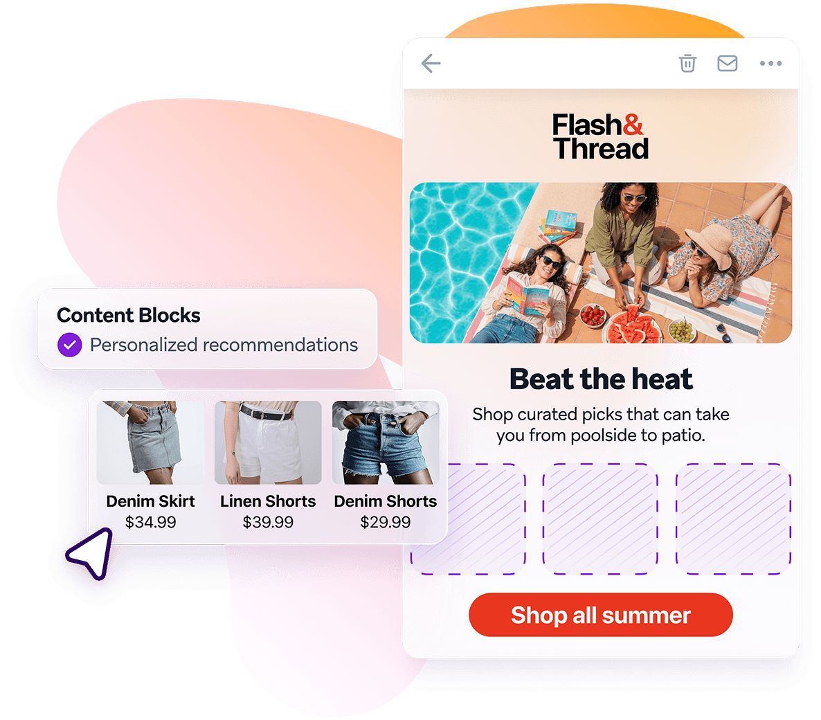An email template displays personalized product recommendations for a denim skirt and shorts, with a 'Content Blocks' menu open on the left.