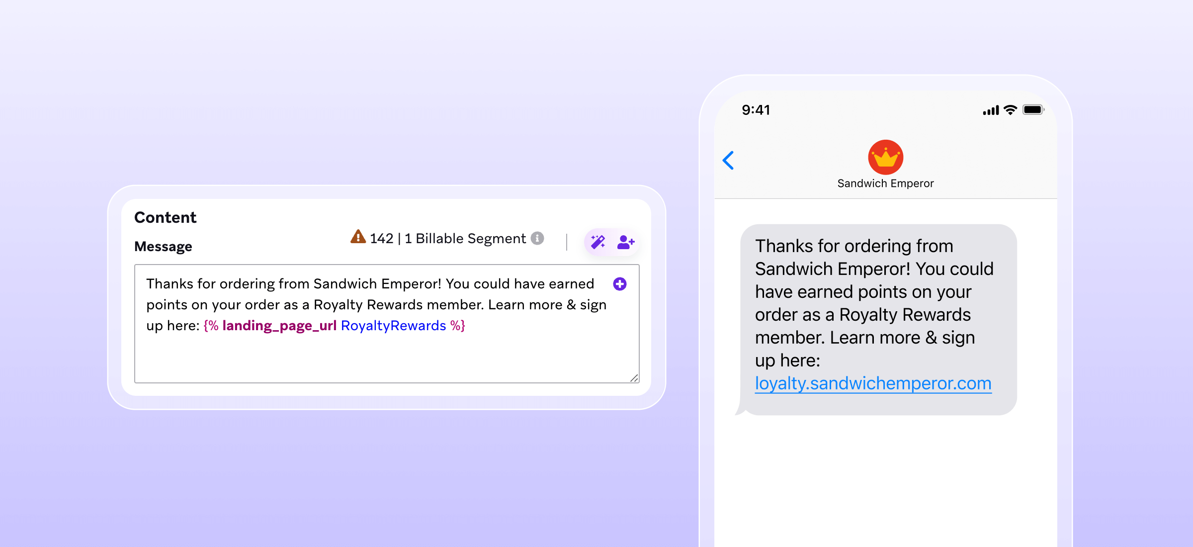 A message composer displaying a loyalty program text, next to a smartphone showing the rendered SMS.