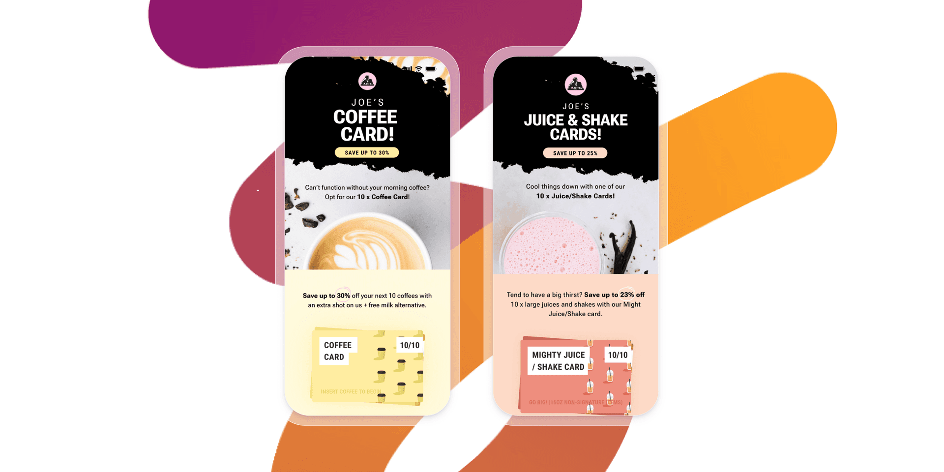a coffee card and a juice and shake card