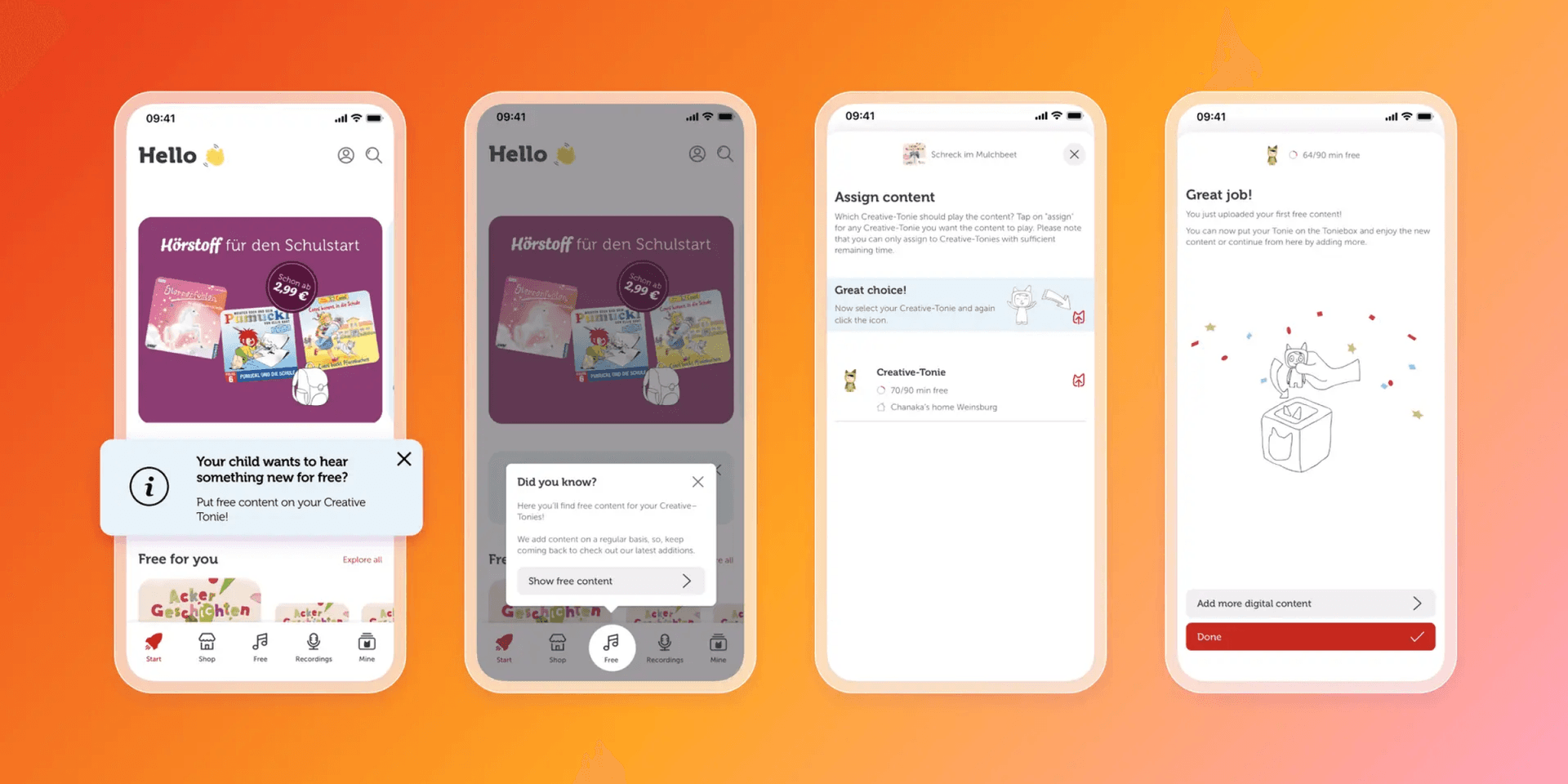 Four smartphone screens display a mobile app's user interface, illustrating the process of discovering, selecting, and assigning children's digital content, followed by a confirmation screen.
