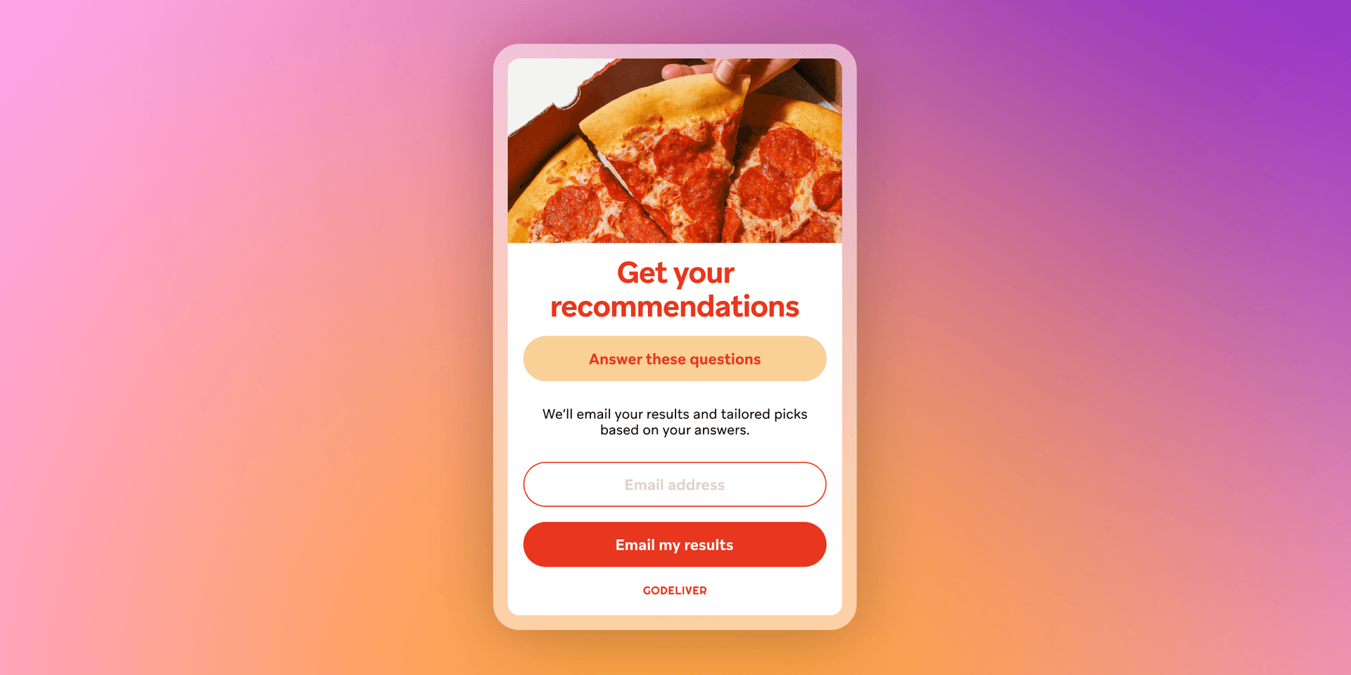 A mobile screen displaying a recommendation form with a pepperoni pizza image at the top.