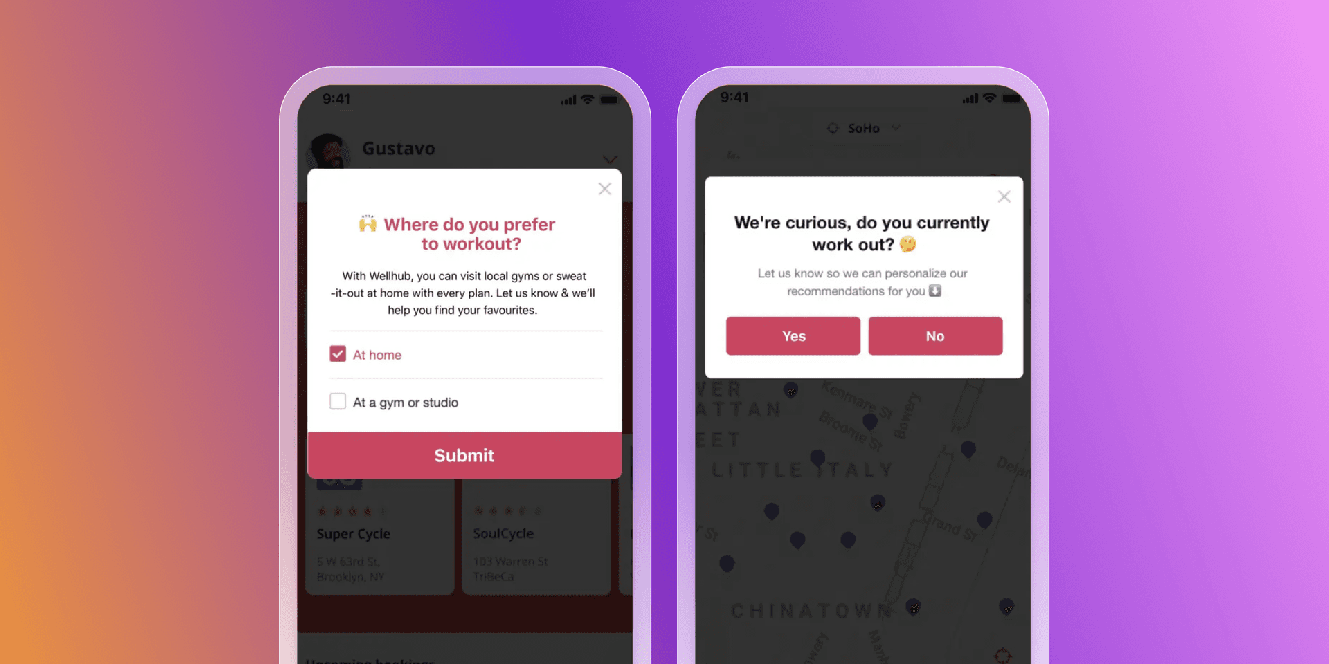Two mobile screens from a fitness app showing user preference pop-ups. One asks "Where do you prefer to workout?" with "At home" selected. The other asks "Do you currently work out?"
