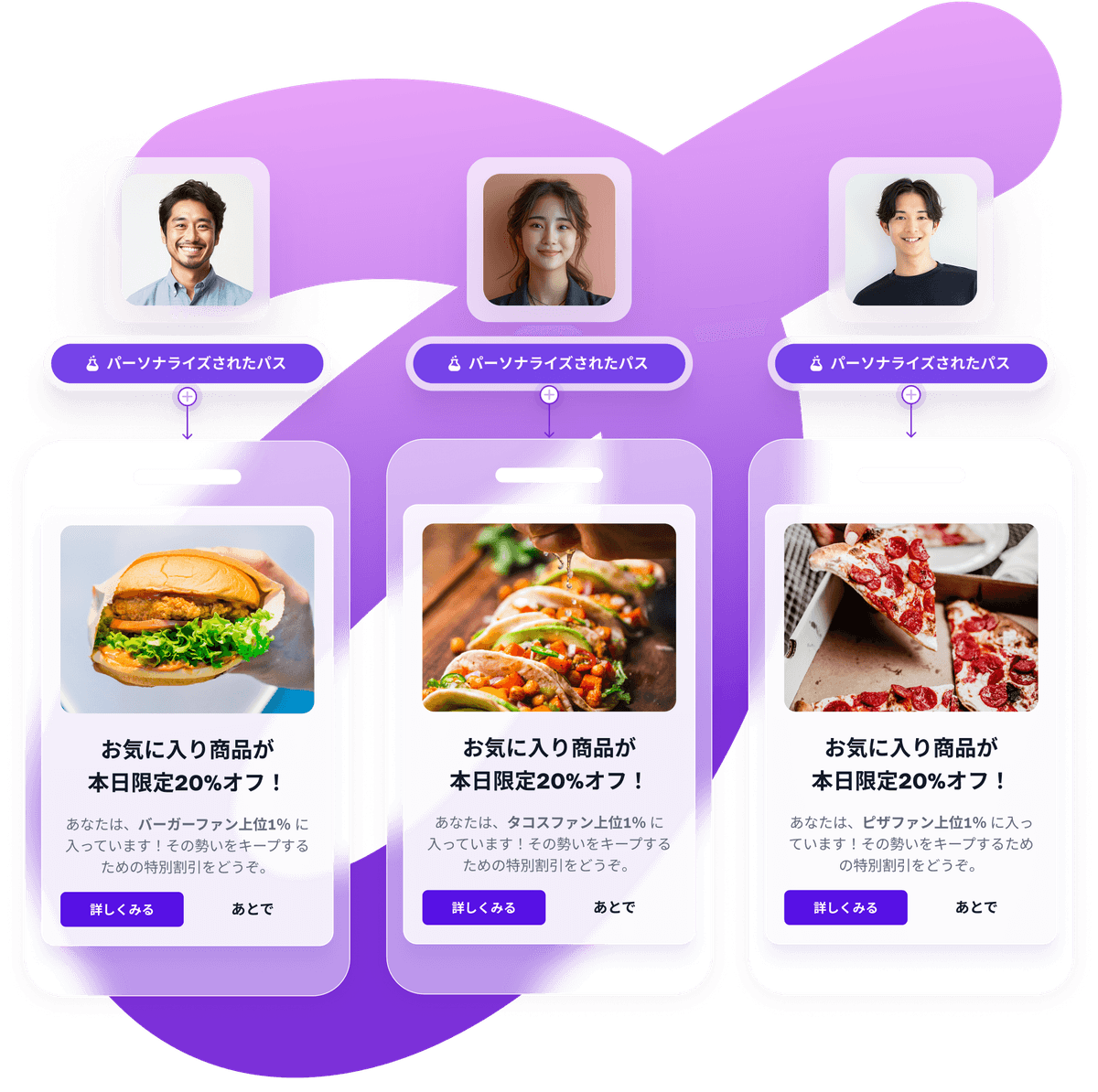 three cell phones are displaying advertisements in a foreign language