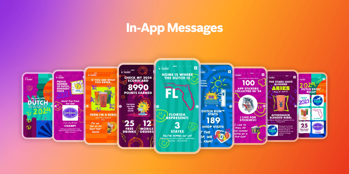 A row of colorful smartphone screens displaying various in-app messages like loyalty rewards, stats, and promotions, with 'In-App Messages' written above.